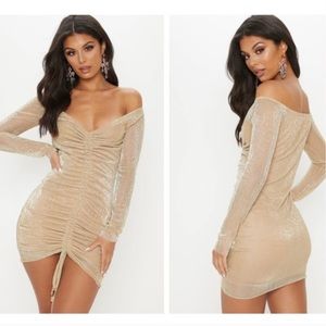 PrettyLittleThing Gold Metallic Plisse Ruched Front Bardot Bodycon Dress Size 2